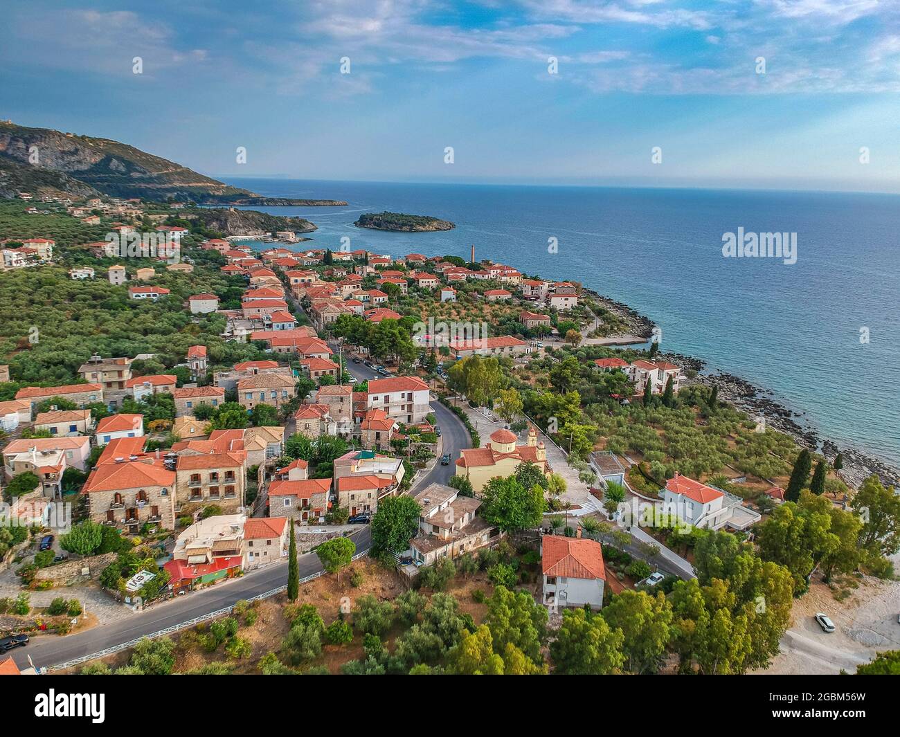Aerial view of the wonderful seaside village of Kardamyli, Greece located in the Messenian Mani area. It's one of the most beautiful places to visit Stock Photo
