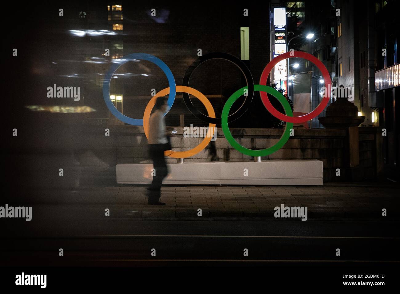 The Olympic Rings seen on Nihonbashi Bridge during the Tokyo Olympics 2020. Stock Photo