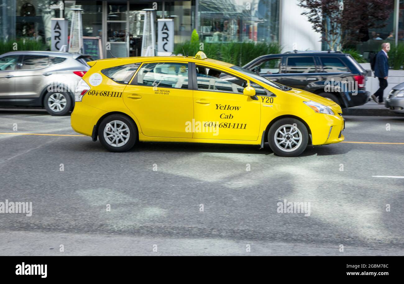 Vancouver Hybrid Toyota Prius Yellow Cab Downton Vancouver Canada Stock