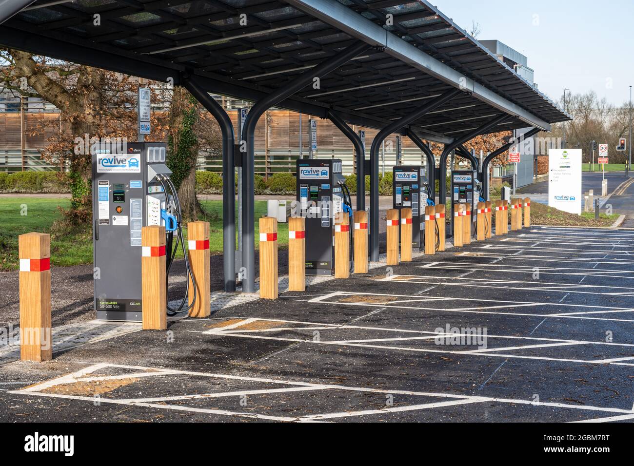 A newly constructed electric car fast charging station stands empty at