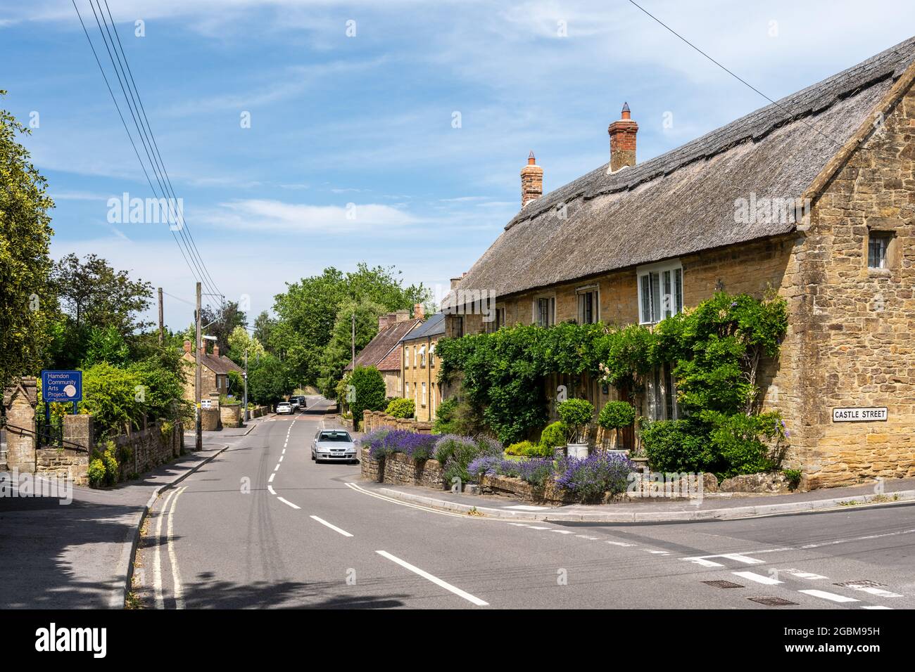 Traditional cottages line a street in Stoke-sub-Hamdon, Somerset. Stock Photo