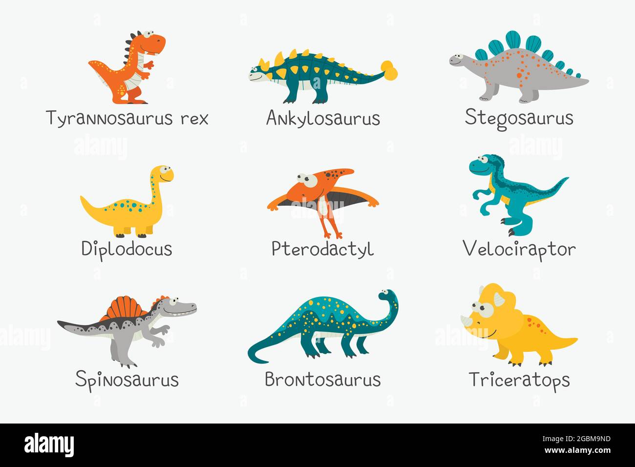 Vector Cute and Funny Flat Dinosaurs with Titles - T-rex, Stegosaurus,  Velociraptor, Pterodactyl, Brachiosaurus, Ankylosaurus, Diplodocus,  Spinosaurus Stock Vector Image & Art - Alamy