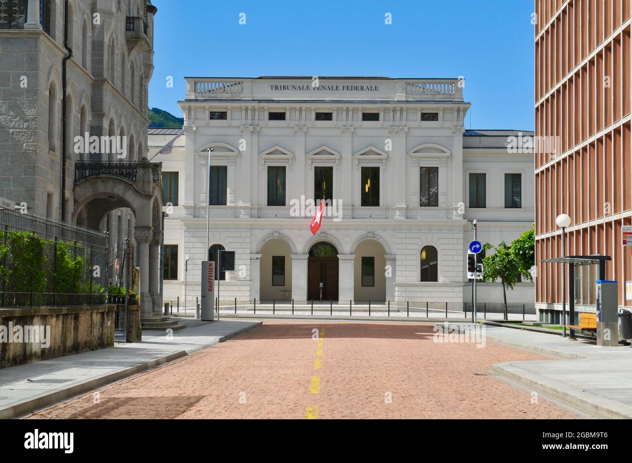 Bellinzona, Ticino, Switzerland - 17th May 2021 : View of the Federal Criminal Court building located in Bellinzona, Switzerland on a sunny day Stock Photo