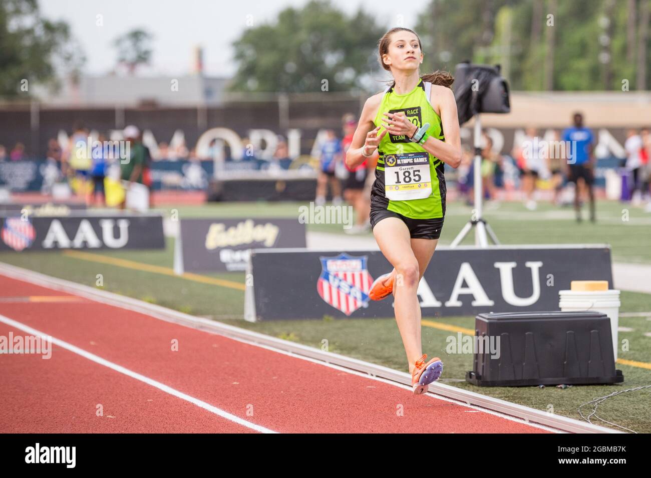 August 4, 2021: Caitlin Garrett wins the Girls 2000 Meter Steeplechase 15-16 years old division in the 2021 AAU Junior Olympic Games at George Turner Stadium in Houston, Texas. Prentice C. James/CSM Stock Photo