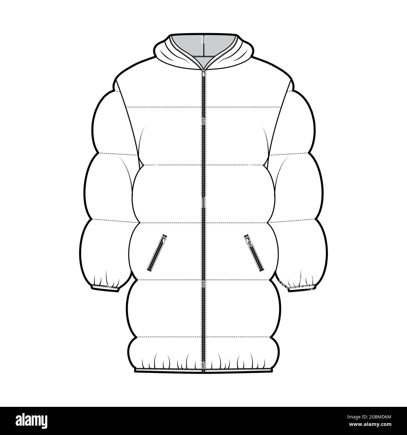 Down puffer jacket coat technical fashion illustration with zip-up closure, pockets, oversized, thigh length, wide quilting. Flat template front, white color style. Women, men, unisex top CAD mockup Stock Vector