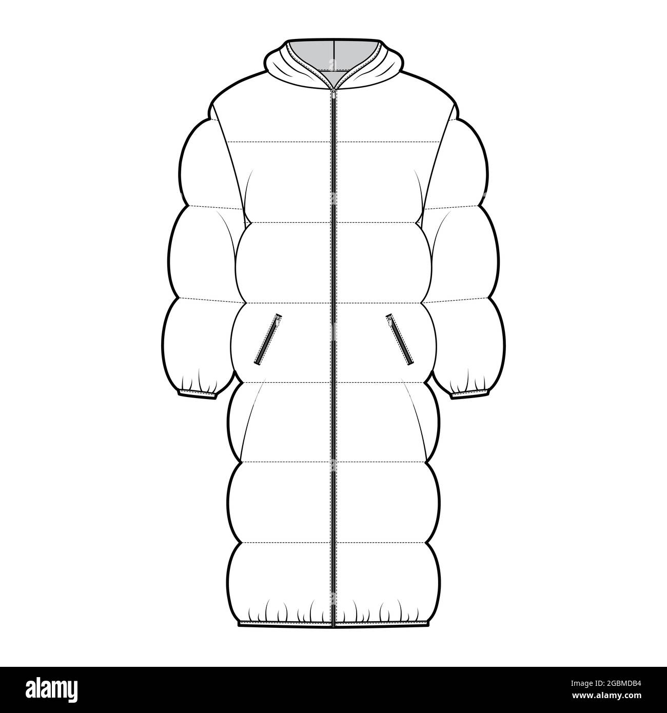 Down puffer coat jacket technical fashion illustration with long sleeves, hoody collar, zip-up closure, knee length, wide quilting. Flat template front, white color. Women, men, unisex top CAD mockup Stock Vector