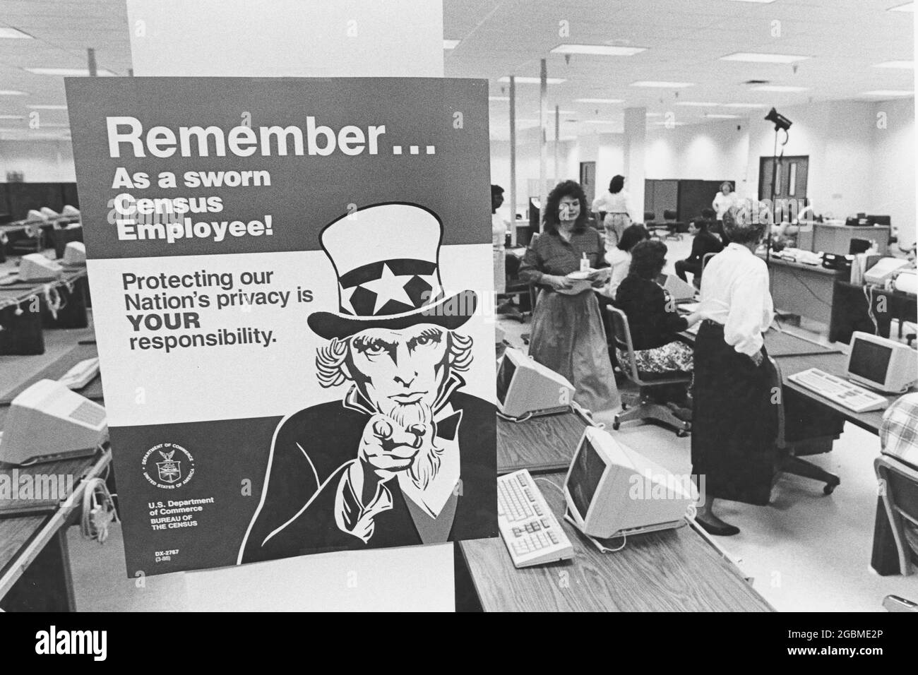 Austin, Teas USA, 1990: Uncle Sam sign reminds employees at  U.S. Census regional data processing center to maintain privacy of information provided by census respondents. ©Bob Daemmrich Stock Photo