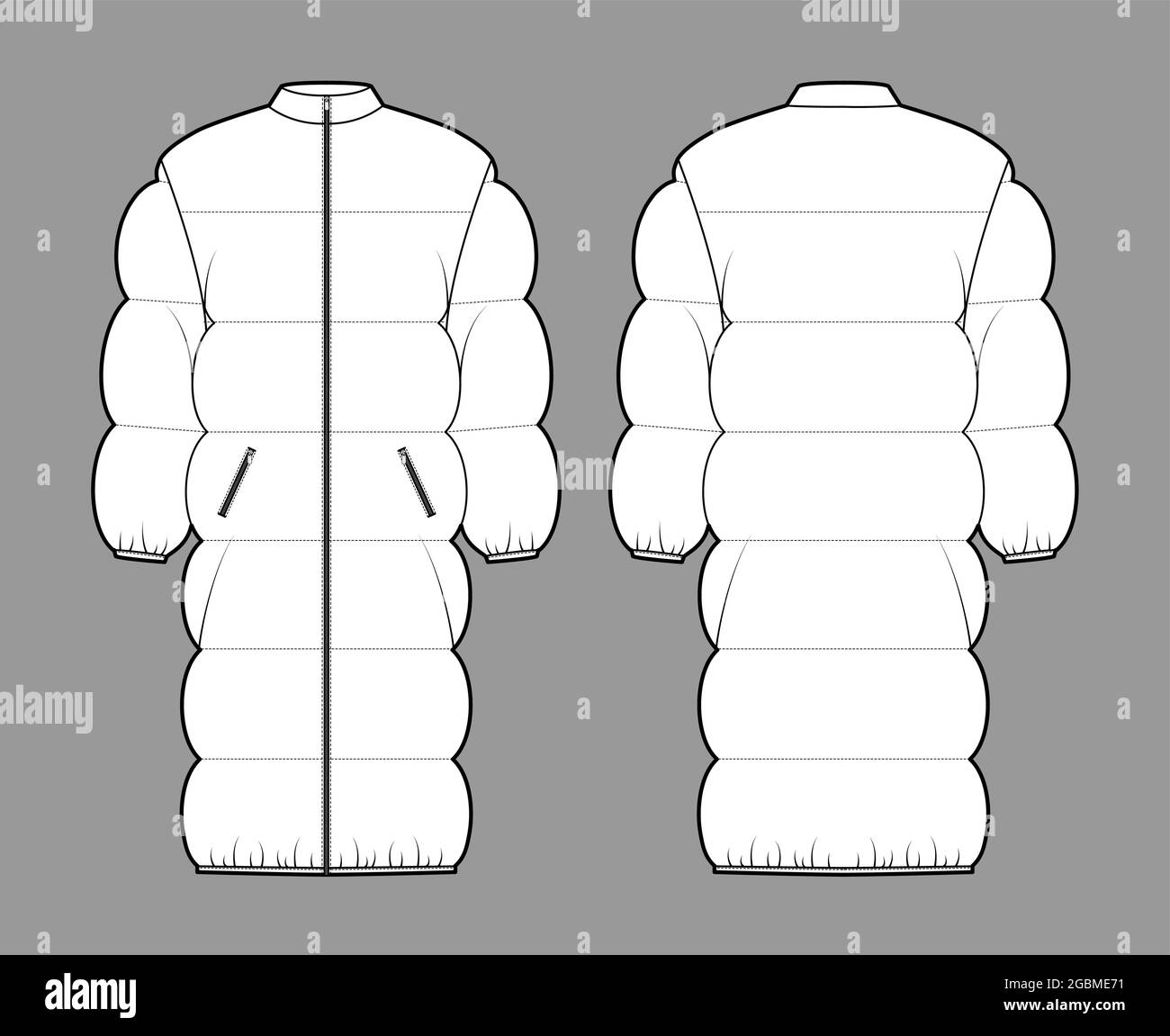 Down puffer coat jacket technical fashion illustration with long sleeves, stand collar, zip-up closure, oversized, knee length, wide quilting. Flat template front, back, white color style. Women, men Stock Vector