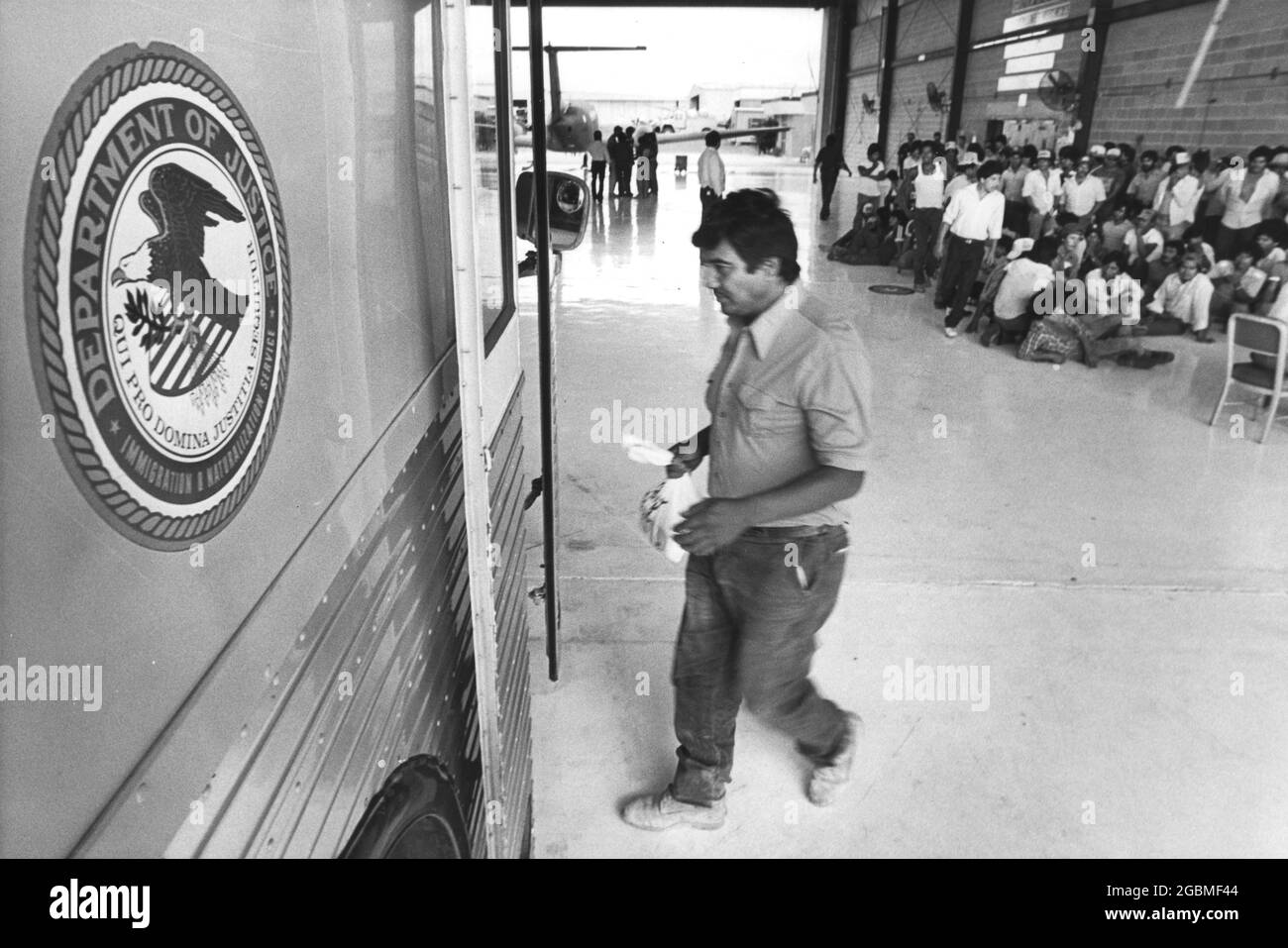Port Isabel, Texas USA, circa1989: Undocumented male immigrants, mostly from Mexico, at the South Texas Detention Facility. ©Bob Daemmrich Stock Photo