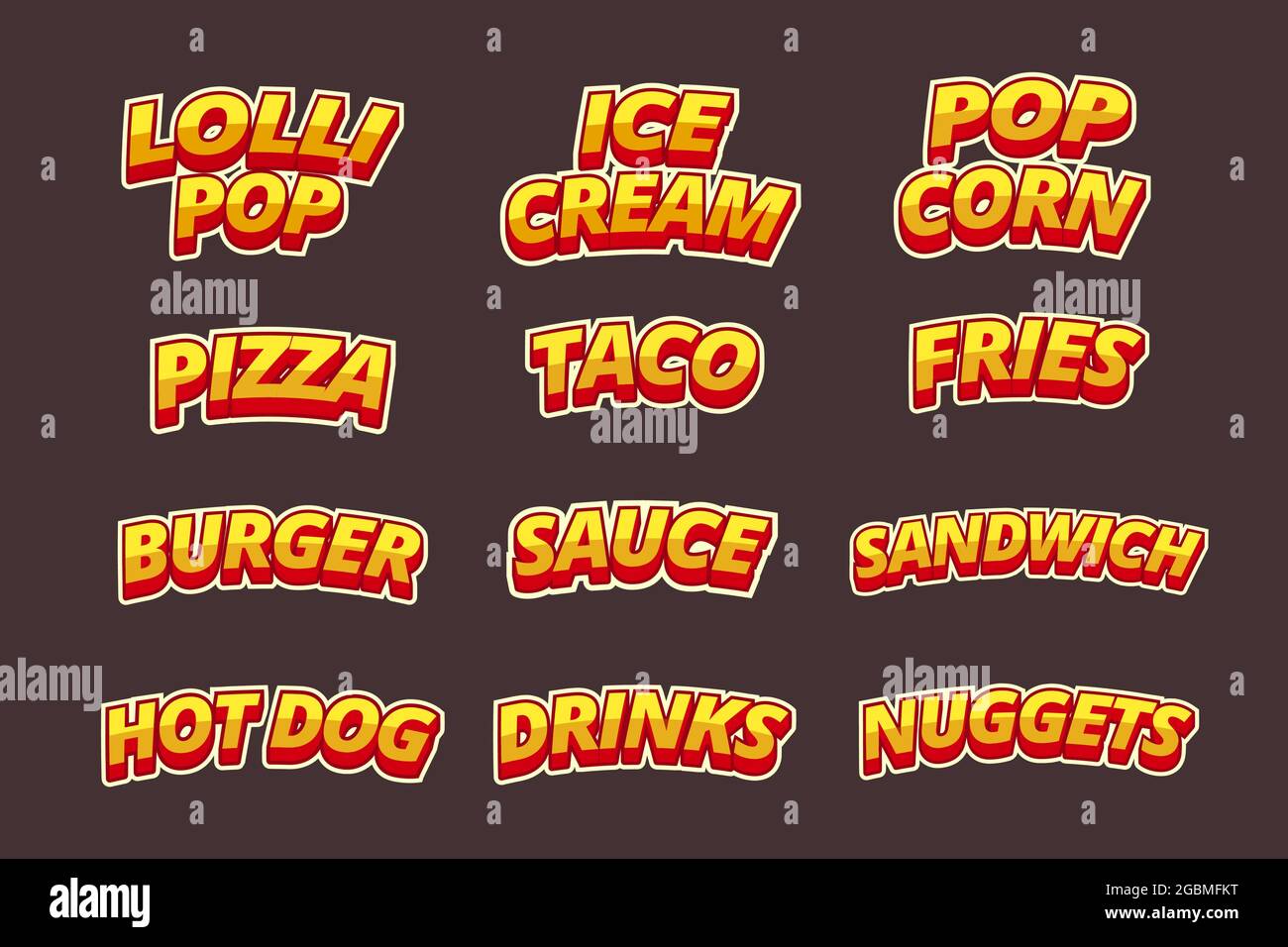 Lettering of names of dishes for fast food in comic style. Vector