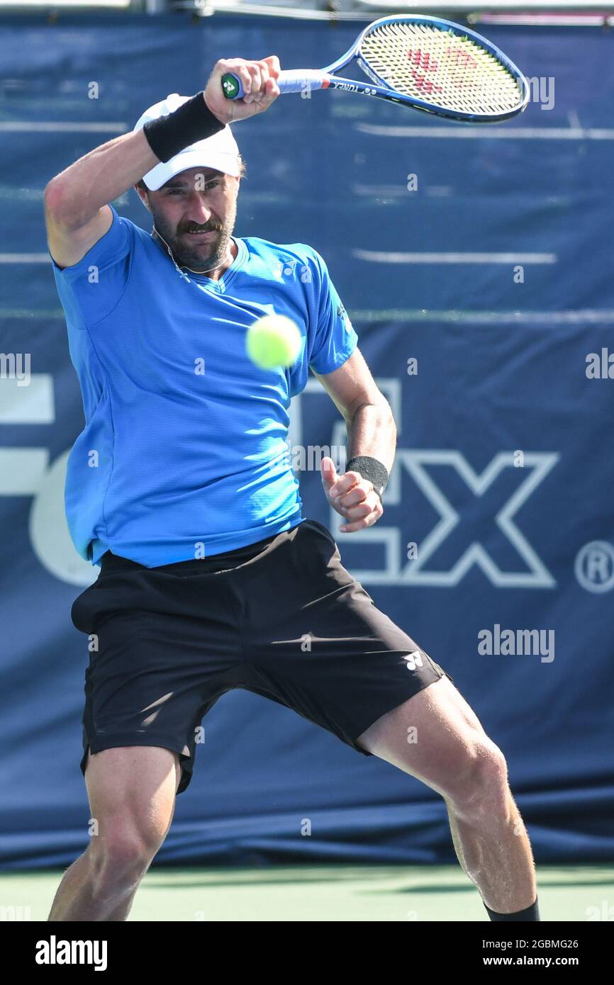 Washington, D.C, USA. 4th Aug, 2021. STEVE JOHNSON hits a forehand during  his match against Alex De Minaur at the Rock Creek Tennis Center. (Credit  Image: © Kyle Gustafson/ZUMA Press Wire Stock