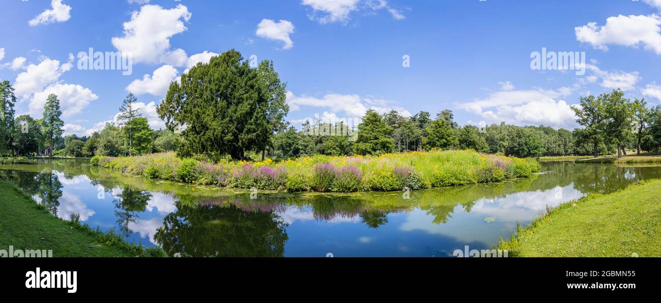 View of the lake with wild flower filled island in the Hamilton Landscapes of Painshill Park, landscaped gardens in Cobham, Surrey, south-east England Stock Photo