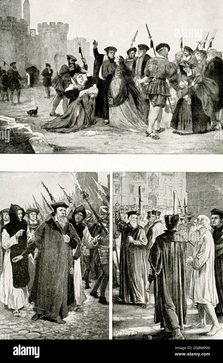The 1912 caption reads: “Three Martyrs of Reformation. Top: Sir Thomas More who succeeded Cardinal Wolsey as Lord Chancellor of England, was one of the noble army of martyrs during the Reformation Period. He could not recognize Henry VIII as head of the English Church, and for this he was sent to the scaffold. In this picture we see him consoling his daughter after his condemnation  Bottom Left: Archbishop Cranmer, who had signed a statement that his Protestant faith was in error, afterward repented and went to death boldly, as shown here. The hand that signed the document he held out out to b Stock Photo