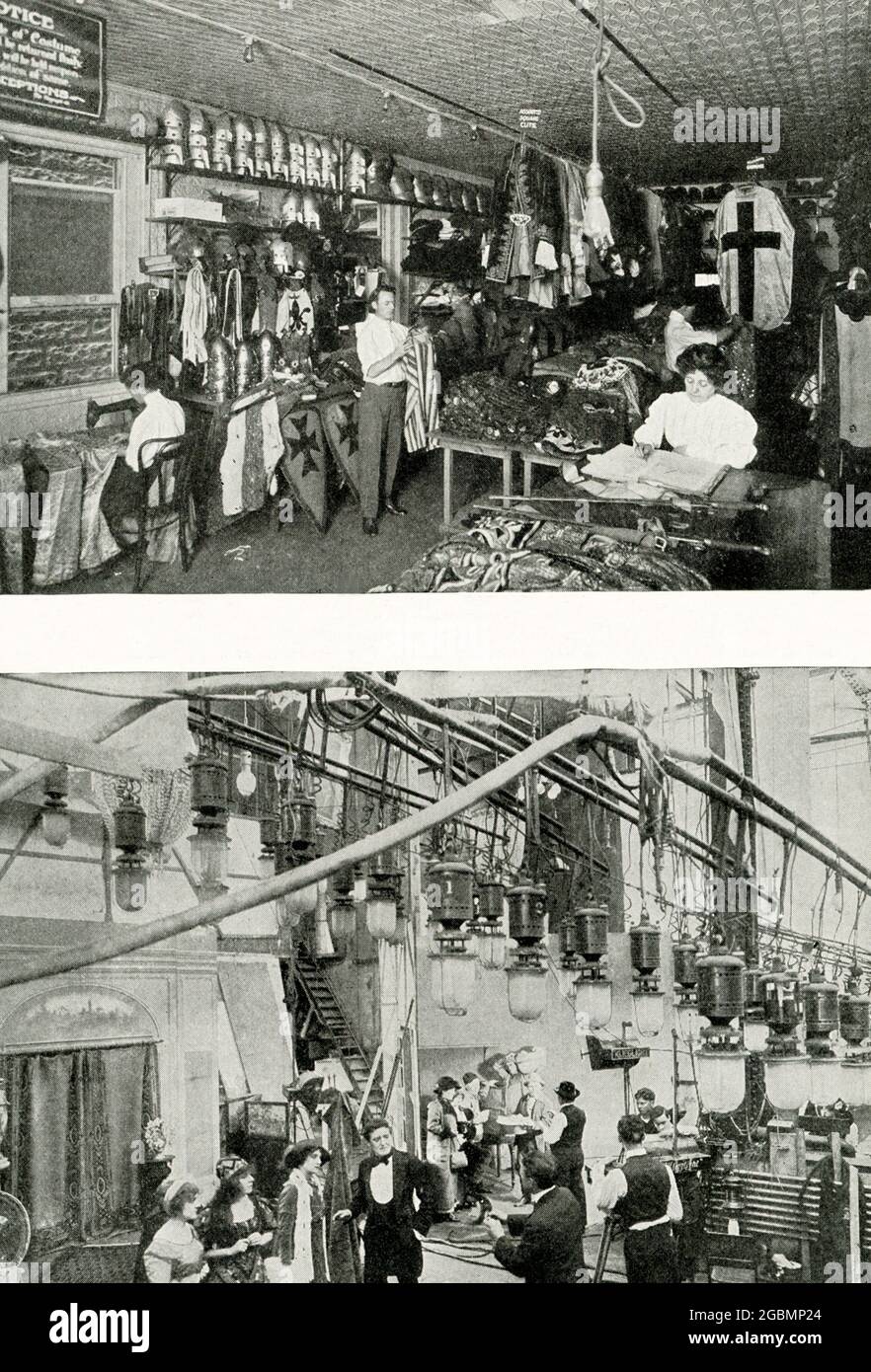 The 1912 caption reads: “Making Pictures Indoors. Top: Here is the property room of a large motion picture company with its thousands of costumes, as well as weapons and armour. Here you see costumes for priests, peasants, courtiers, and soldiers, in such numbers that the actors may be provided no matter when or where the scene of the play is laid. Skillful sewing women are ready to alter any costume to make it fit, or to make new ones if necessary. Bottom: This is the interior of a great picture studio with its bewildering tangle of wires and pipes and its many lights. As you see two differen Stock Photo