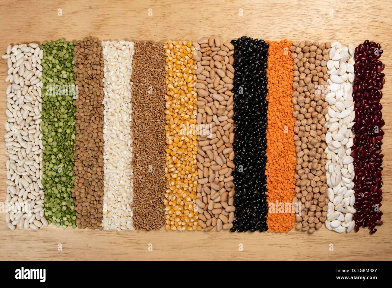 Collection of different cereal varieties and edible dry seeds. Examples