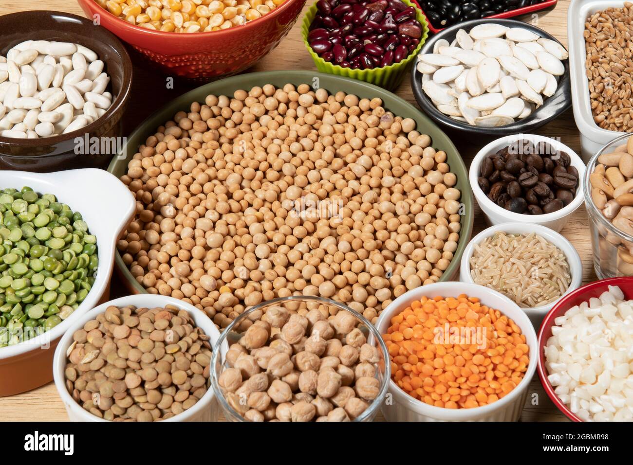 Collection of different cereal varieties and edible dry seeds. Examples