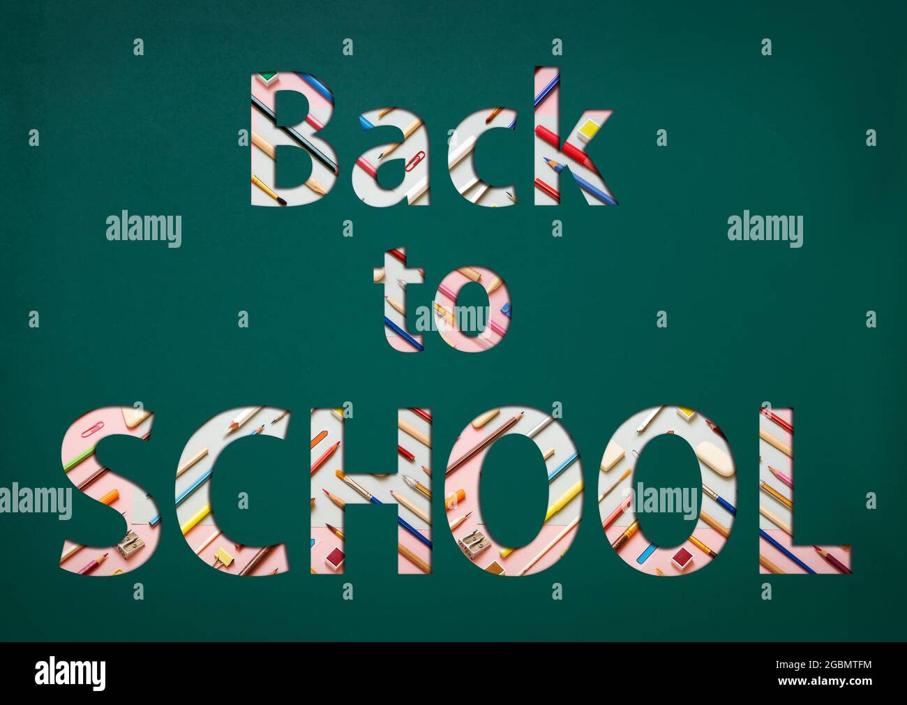 Back to school text made from school suplies on green chalkboard Stock ...