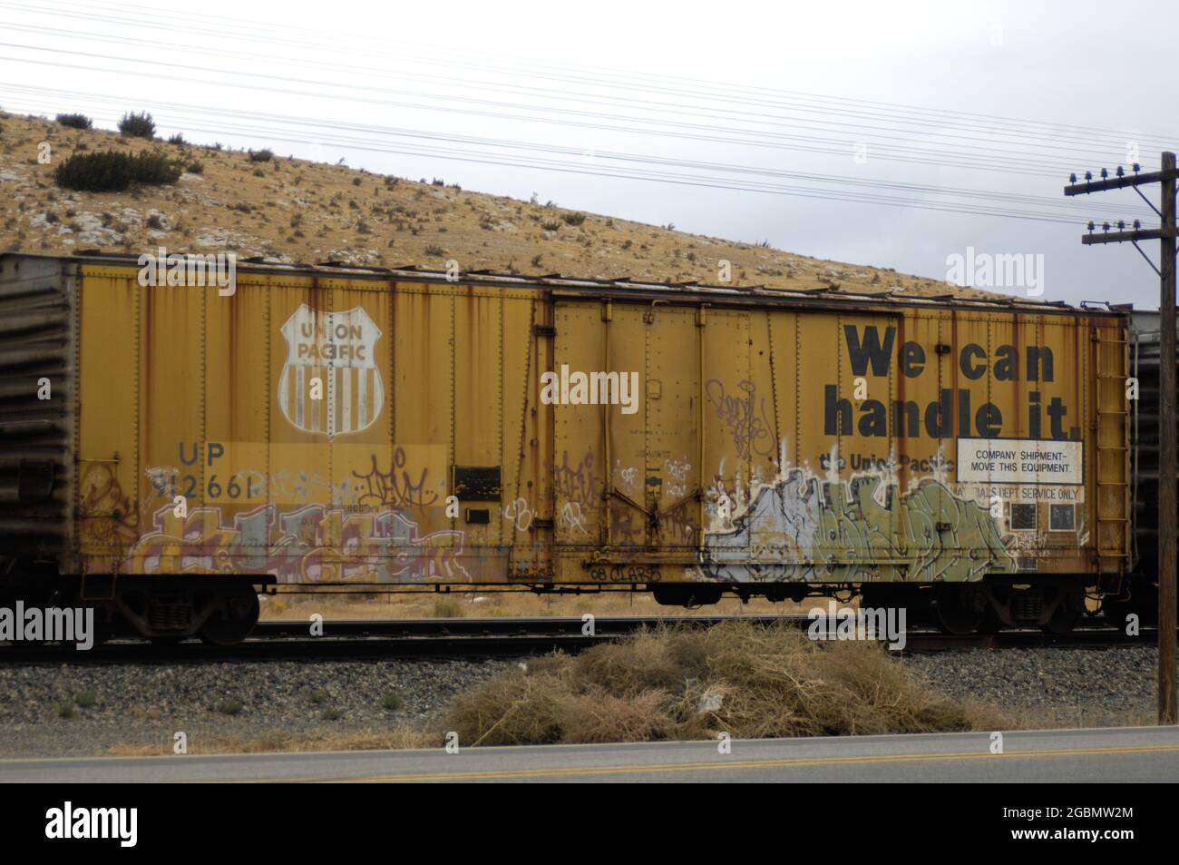 Union-Pacific box car sits on a siding Stock Photo