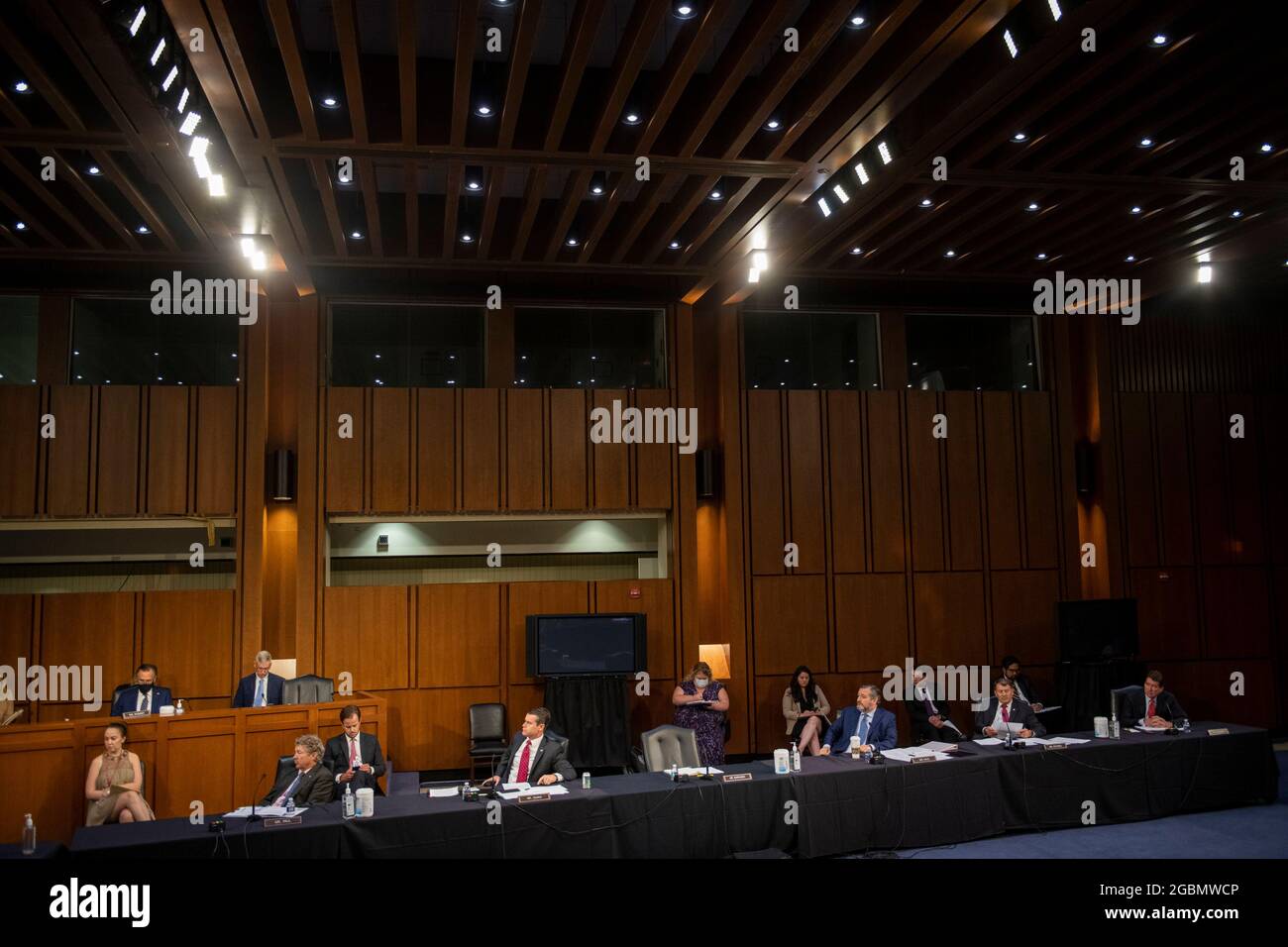 United States Senator Rand Paul (Republican of Kentucky), left, United States Senator Todd Young (Republican of Indiana), second from left, United States Senator Ted Cruz (Republican of Texas), third from right, United States Senator Mike Rounds (Republican of South Dakota), second from right, and United States Senator Bill Hagerty (Republican of Tennessee), right, attend a Senate Committee on Foreign Relations business meeting for nominations and legislative considerations in the Hart Senate Office Building in Washington, DC, Wednesday, August 4, 2021. Credit: Rod Lamkey/CNP Stock Photo