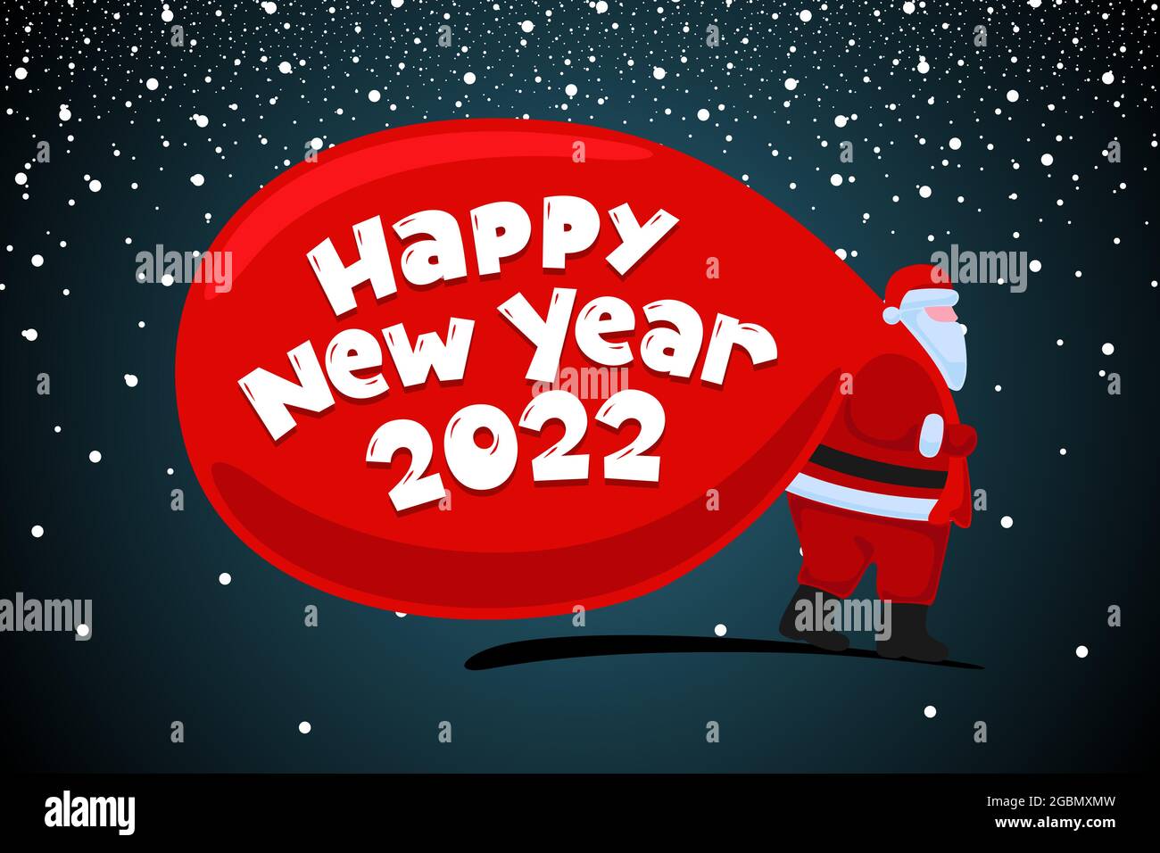 Santa Claus cartoon character coming and carries large huge heavy gifts red bag. Christmas and Happy New year 2022 inscription holiday greeting card. Vector flat celebration poster illustration Stock Vector