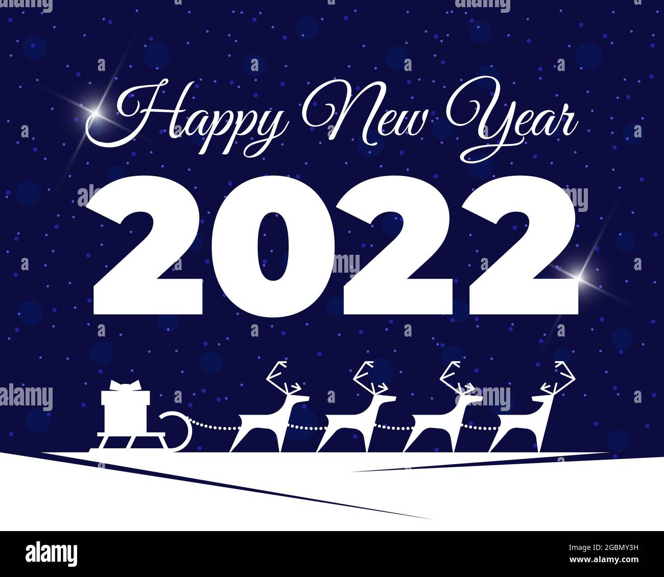 Merry Christmas And Happy New Year 2022 Santa Y Reindeer Santa Claus Reindeer Harness With Gift Box On Sleigh Inversion On Blue  Background. Merry Christmas And