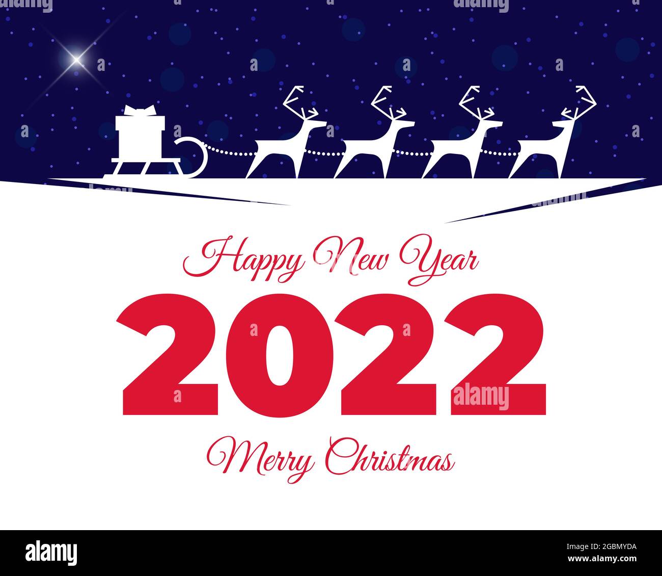 Merry Christmas And Happy New Year 2022 Santa Y Reindeer Santa Claus Reindeer Harness With Gift Box On Sleigh Greeting Card. Merry  Christmas And Happy New
