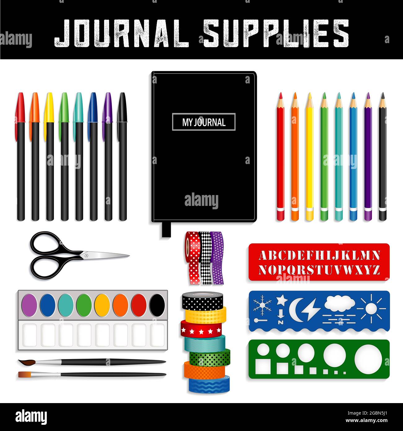 Journal Supplies for travel logs, bullet books, day books, diaries, planners: watercolors, brushes, stencils, washi tapes, colored pencils, isolated Stock Photo
