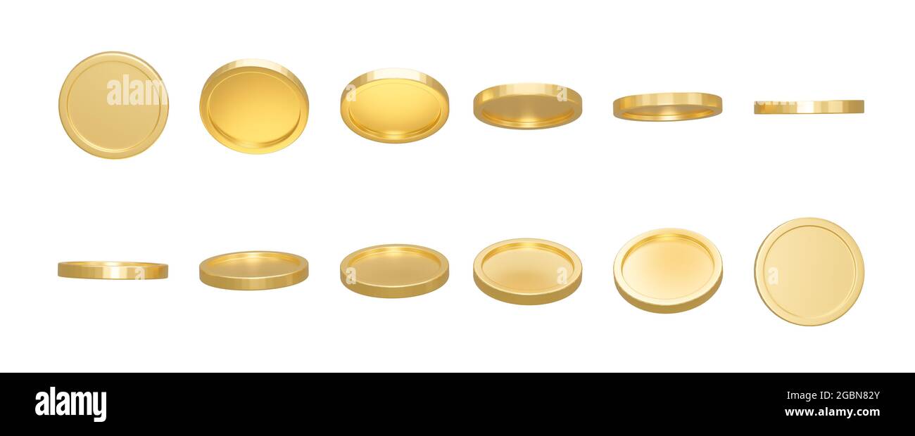 3D Render. Set of gold coins isolated on background in different ...