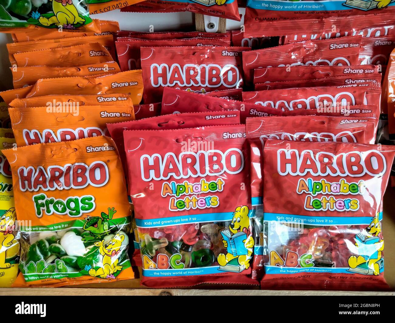 Haribo candy on store shelf.  Haribo is a German company that created the first gummy candy in 1922 . Stock Photo