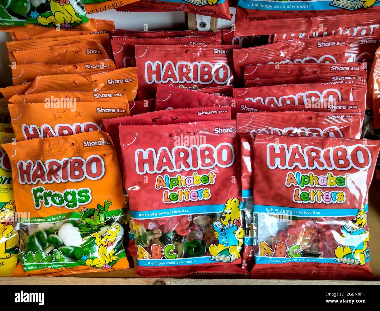 Haribo candy on store shelf. Haribo is a German company that created the first gummy candy in