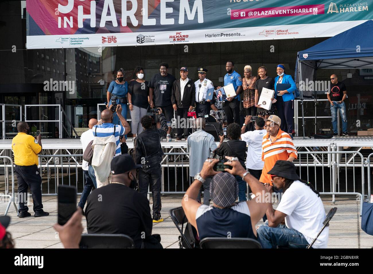 New York, United States. 03rd Aug, 2021. U. S. Representative Adriano Espaillat and other officials on stage during National night out against gun violence in Harlem. Various organization joined police community affairs officers to drive a message against gun violence on streets of the city. There were service to help youth to get decent paying jobs, medical tents to get tested for HIV and COVID-19, to get COVID-19 vaccination, there were offering of free food. (Photo by Lev Radin/Pacific Press) Credit: Pacific Press Media Production Corp./Alamy Live News Stock Photo