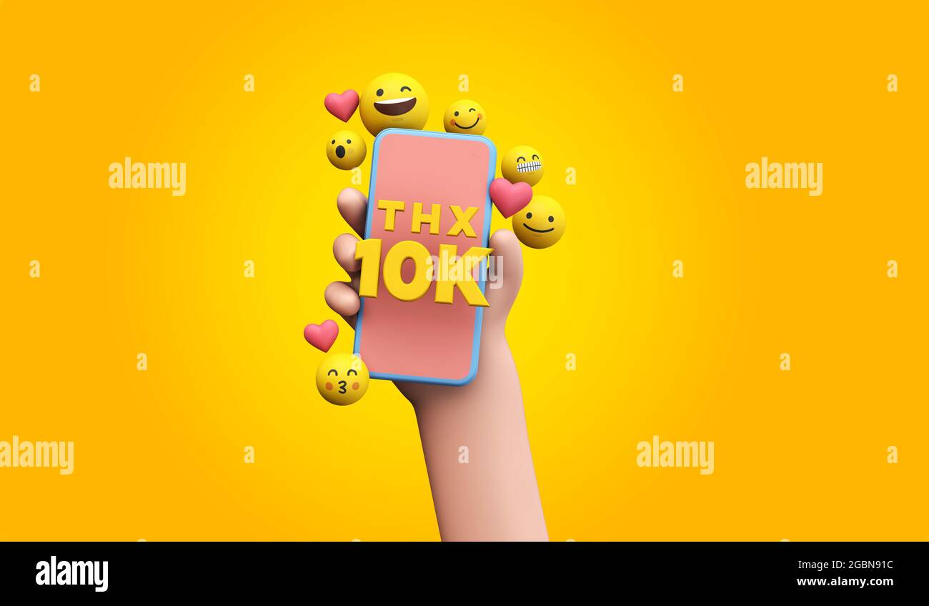 Thanks 10k social media supporters. cartoon hand and smartphone. 3D Render. Stock Photo