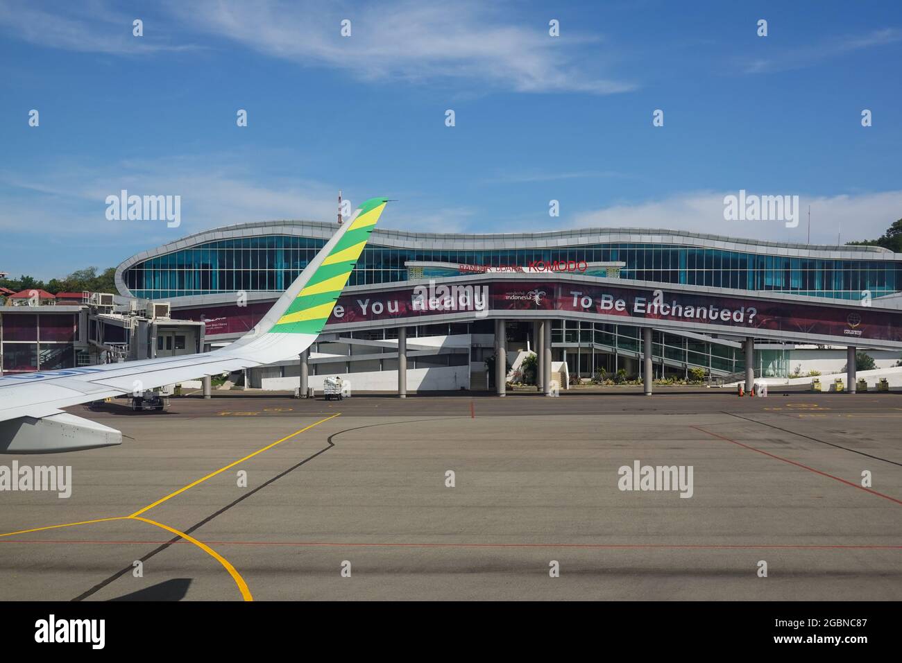 Labuan Bajo, Indonesia - June 28 2021: A Citilink flight lands at the Komodo airport in Labuan Bajo in Flores, Indonesia. Stock Photo