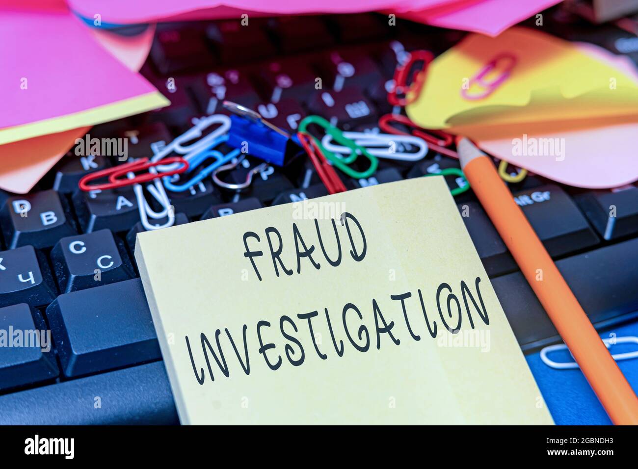 Conceptual caption Fraud Investigation. Business approach process of determining whether a scam has taken place Multiple Assorted Collection Office Stock Photo