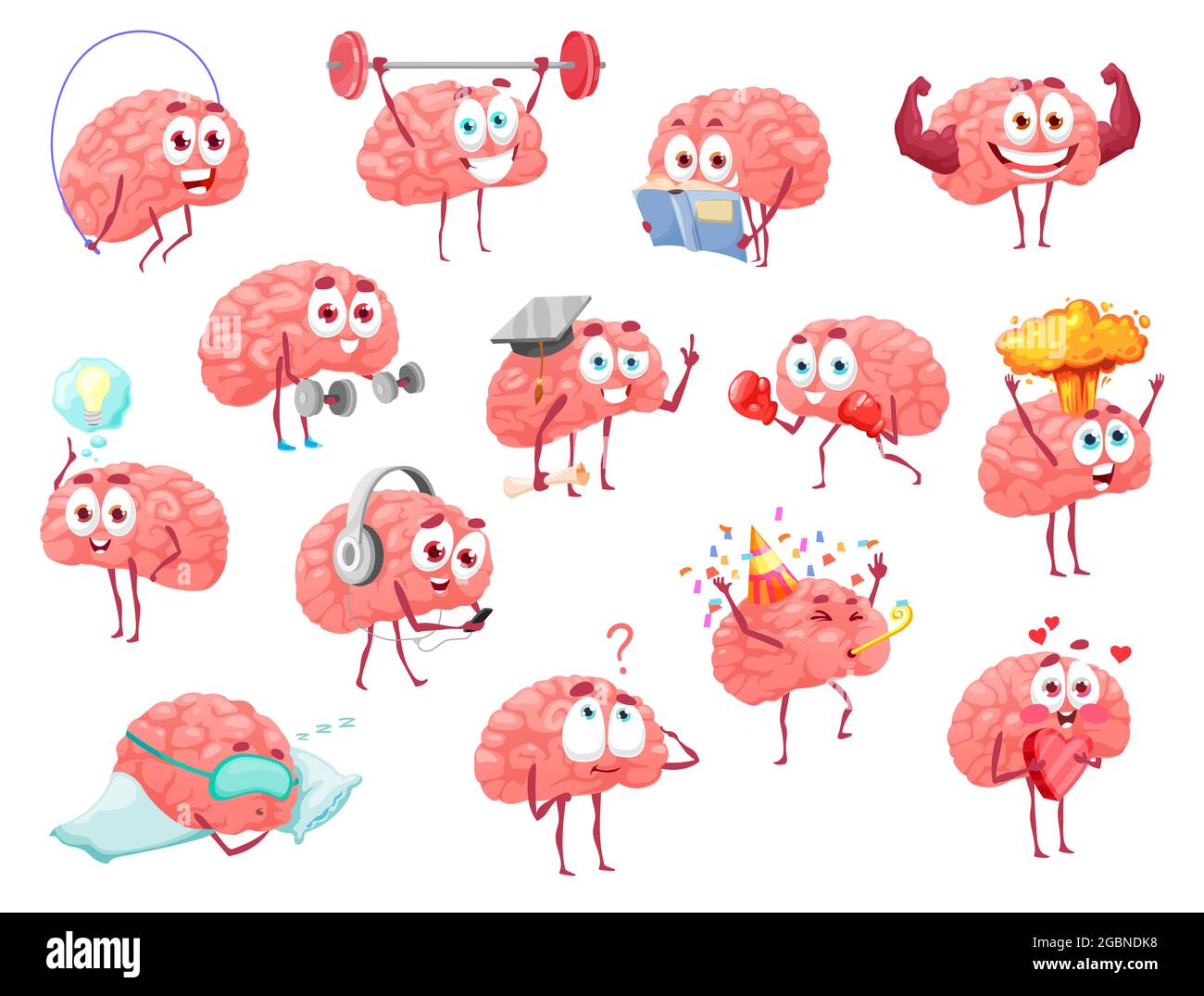 Cartoon brain characters, brainstorm, health, sport and leisure activity vector set. Cute mascot with funny face exercising with barbell, has great id Stock Vector