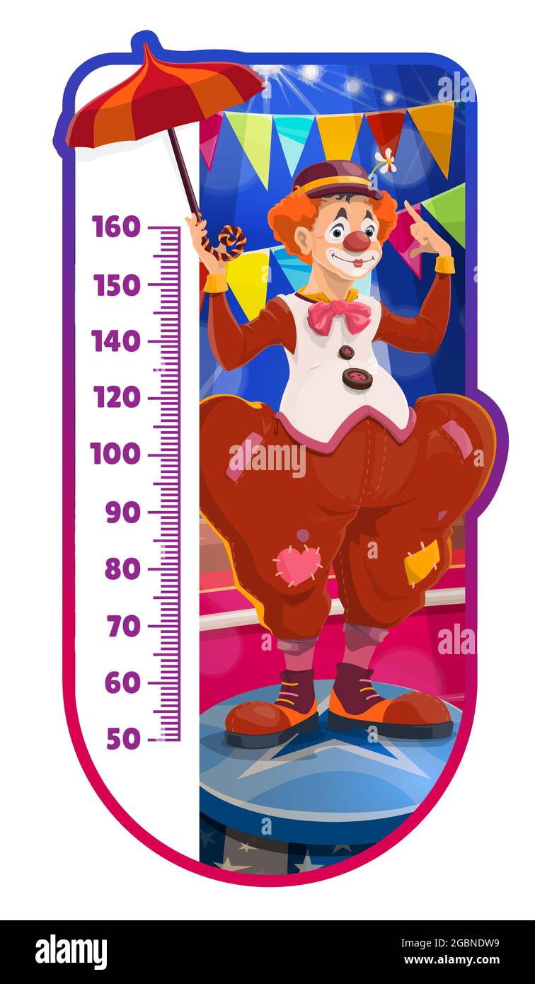 Kids height chart, cartoon shapito circus clown with umbrella growth