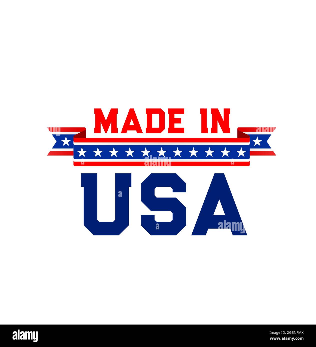 Made in USA label with vector ribbon in colors of United State flag. Blue, red, white stars and stripes ribbon banner with made in USA lettering, Amer Stock Vector