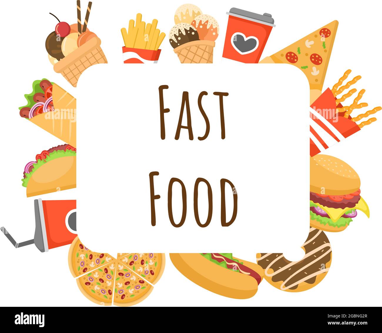Set of Fast food Background Vector Illustration With Foods For Burger,  Pizza, Donuts, French Fries, Hot Dog or Cola. Meal Unhealthy And Not  Nutritious Stock Vector Image & Art - Alamy