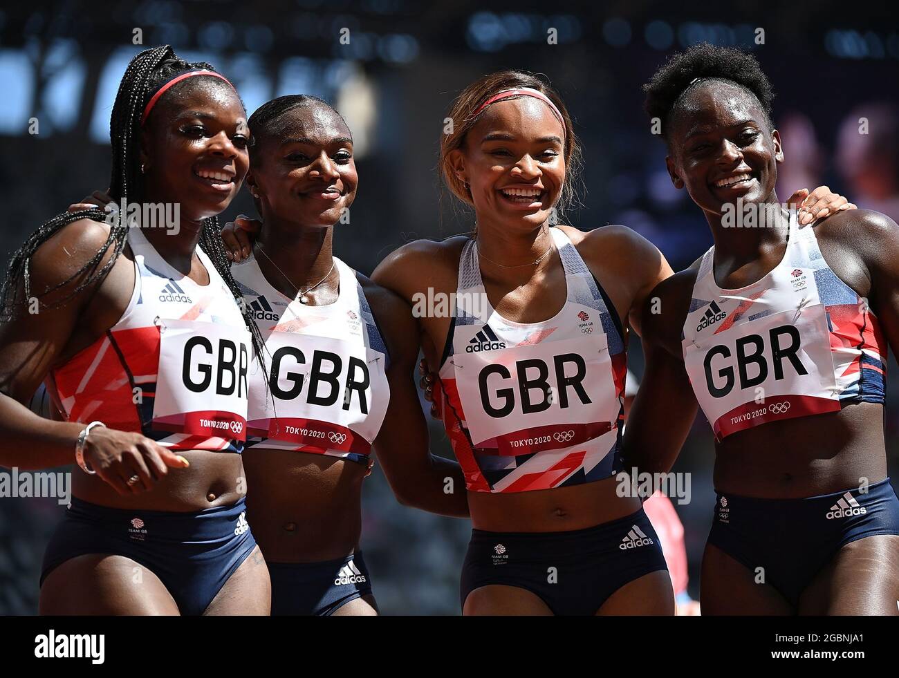 Tokyo, Japan. 5th Aug, 2021. Members of Team Great Britain react during the women's 4x100m relay heats at Tokyo 2020 Olympic Games, in Tokyo, Japan, Aug. 5, 2021. Credit: Jia Yuchen/Xinhua/Alamy Live News Stock Photo