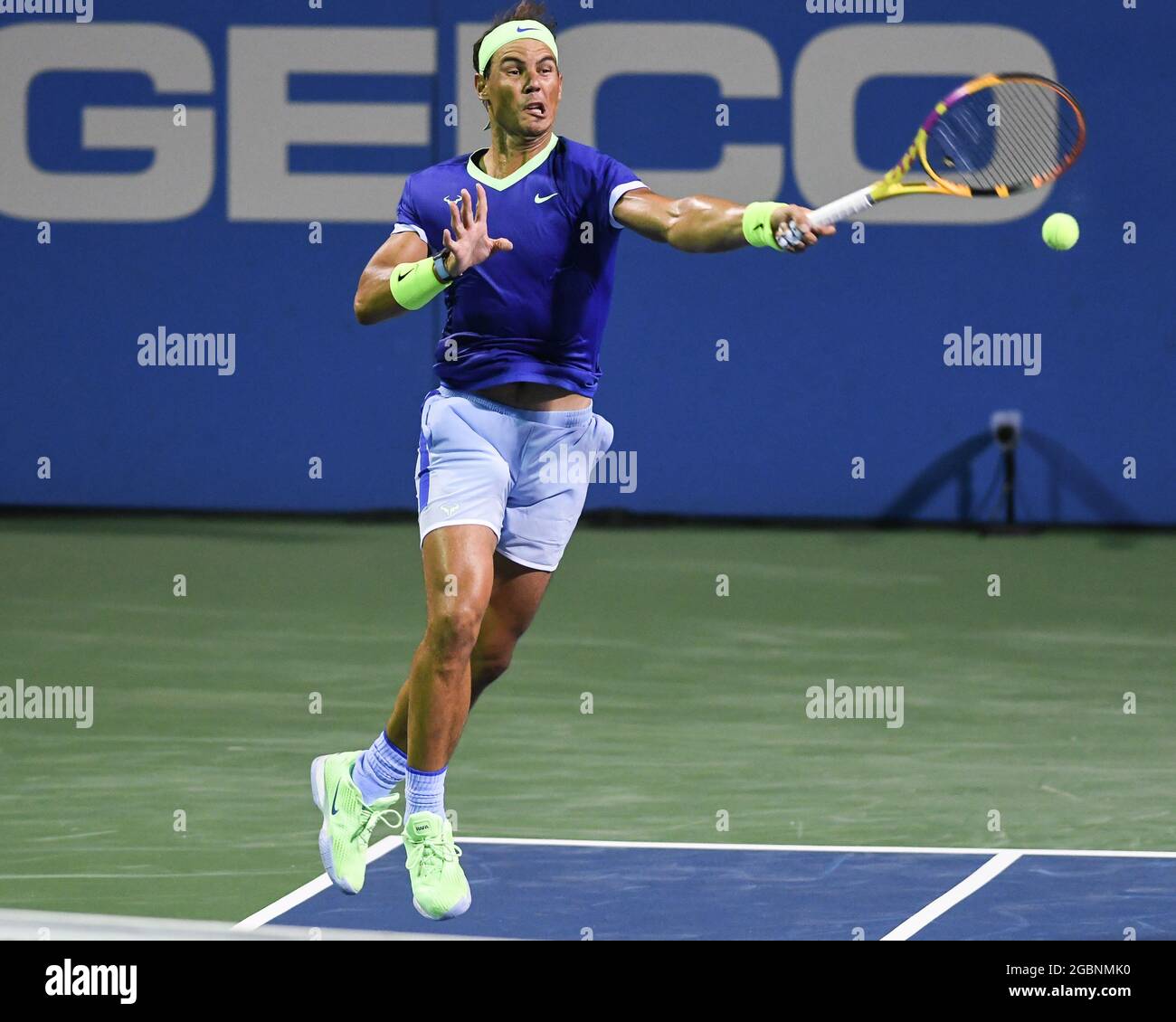 Washington, D.C, USA. 4th Aug, 2021. RAFAEL NADAL hits a forehand during  his match against Jack Sock at the Rock Creek Tennis Center. (Credit Image:  © Kyle Gustafson/ZUMA Press Wire Stock Photo -