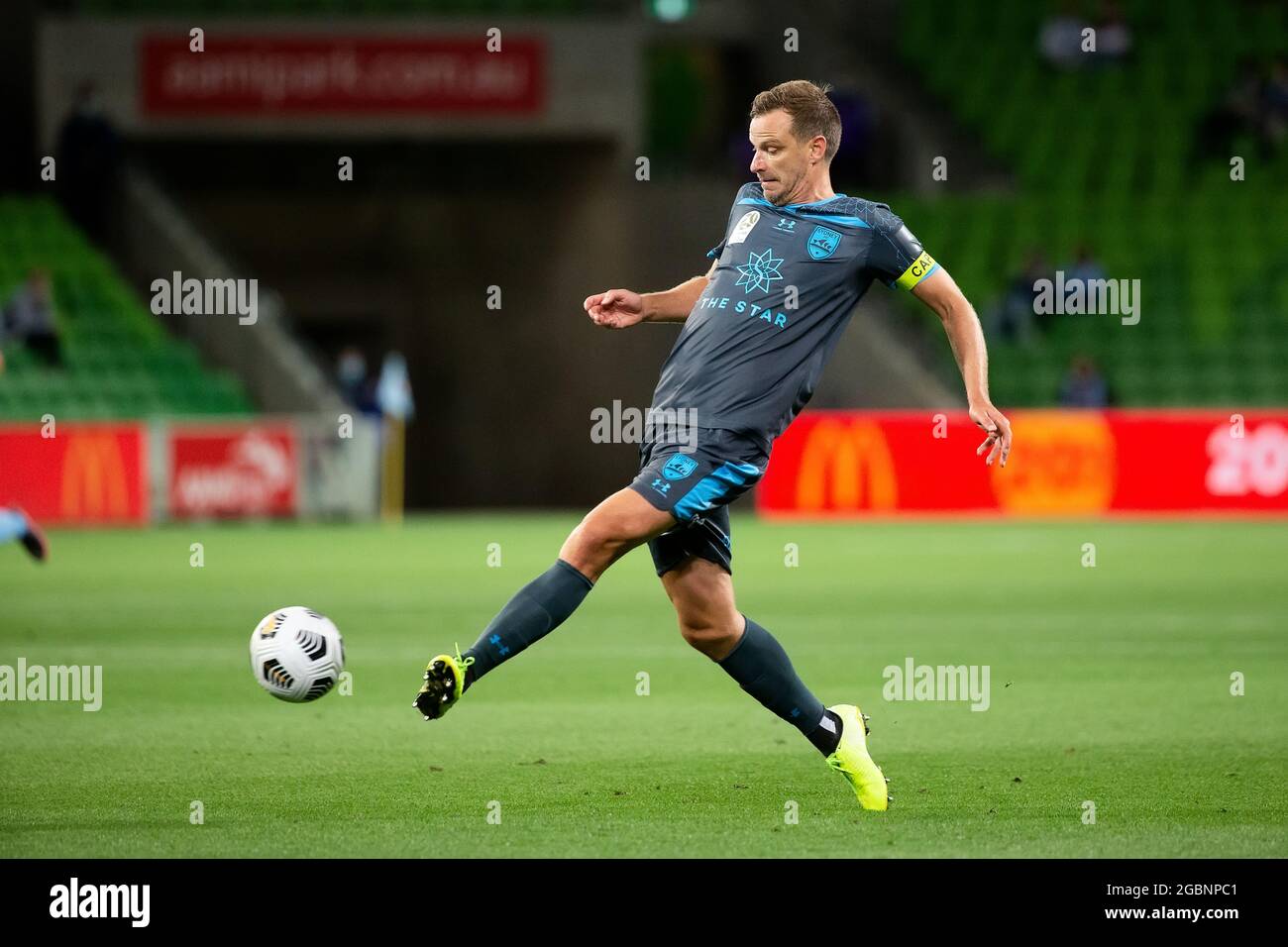 MELBOURNE, AUSTRALIA - FEBRUARY 23: Alex Wilkinson of Sydney FC kicks the ball during the Hyundai A-League soccer match between Melbourne City FC and Sydney FC on February 23, 2021 at AAMI Park in Melbourne, Australia. Credit: Dave Hewison/Speed Media/Alamy Live News Stock Photo