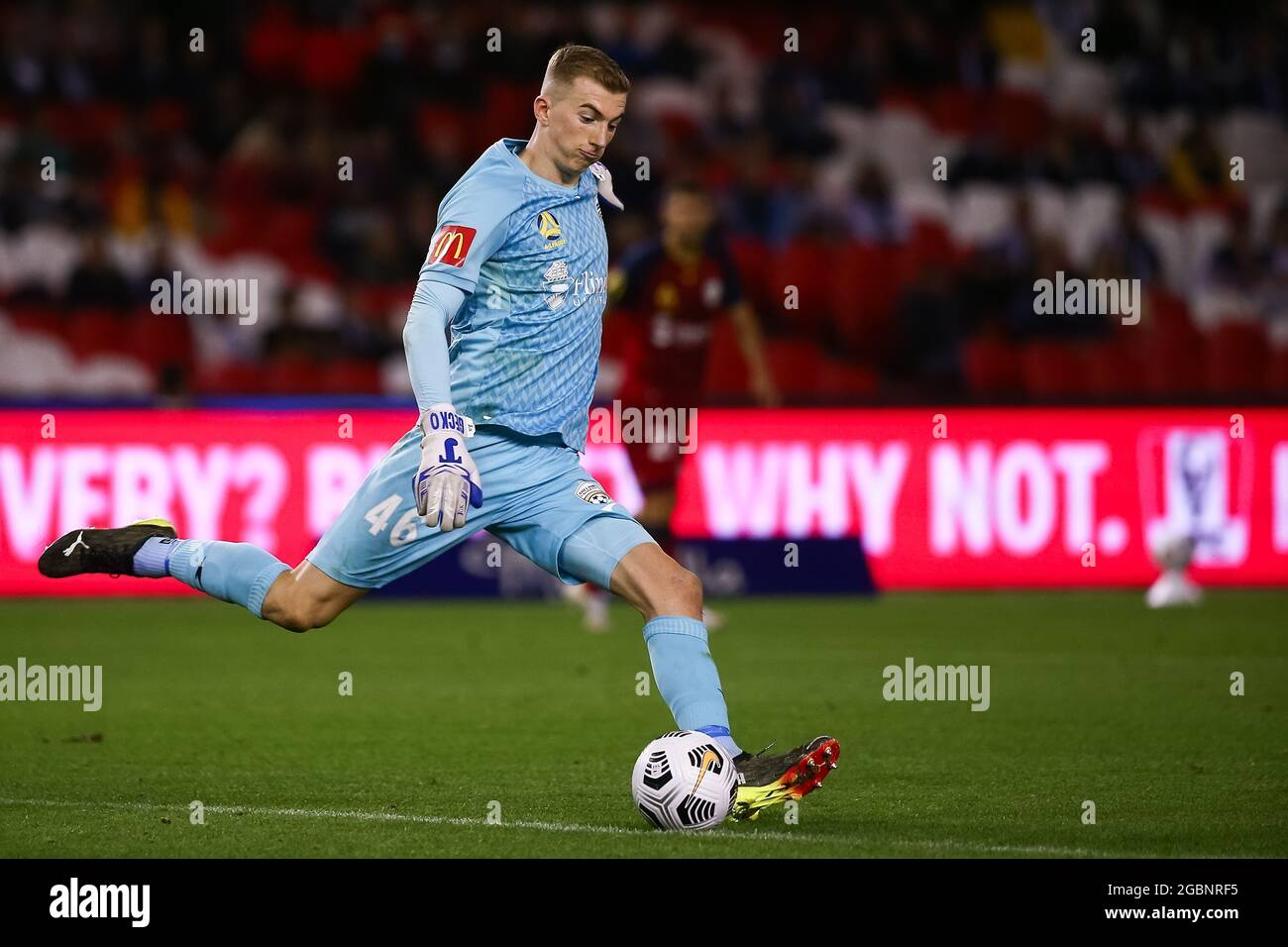 MELBOURNE, AUSTRALIA - MARCH 13: Joe Gauci of Adelaide United kicks the ball during the Hyundai A-League soccer match between Melbourne Victory and Adelaide United on March 13, 2021 at Marvel Stadium in Melbourne, Australia. Credit: Dave Hewison/Speed Media/Alamy Live News Stock Photo