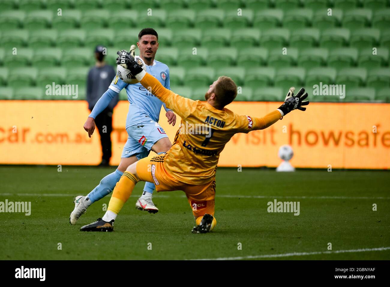 Matt Acton of Melbourne Victory blocks the ball. Credit: Dave Hewison/Speed Media/Alamy Live News Stock Photo