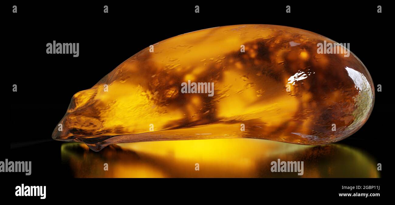 amber, natural fossilized tree resin isolated on shiny black background Stock Photo