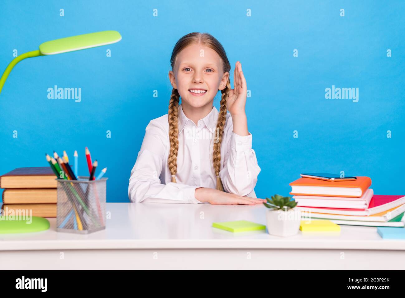 Photo portrait schoolgirl raising hand to answer on lesson sitting at ...