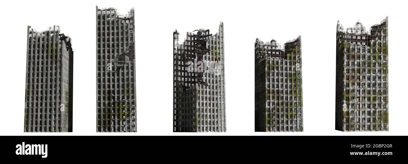 set of ruined skyscrapers, tall post apocalyptic buildings isolated on white background Stock Photo