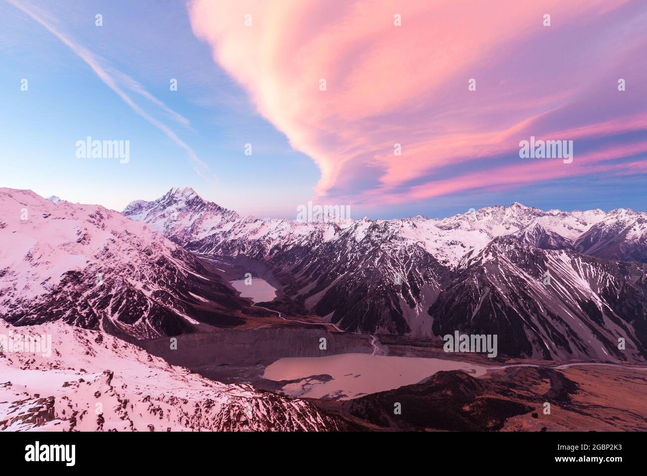 Cloud over Aoraki Mount Cook, Cook Range, Hooker Valley and Mueller