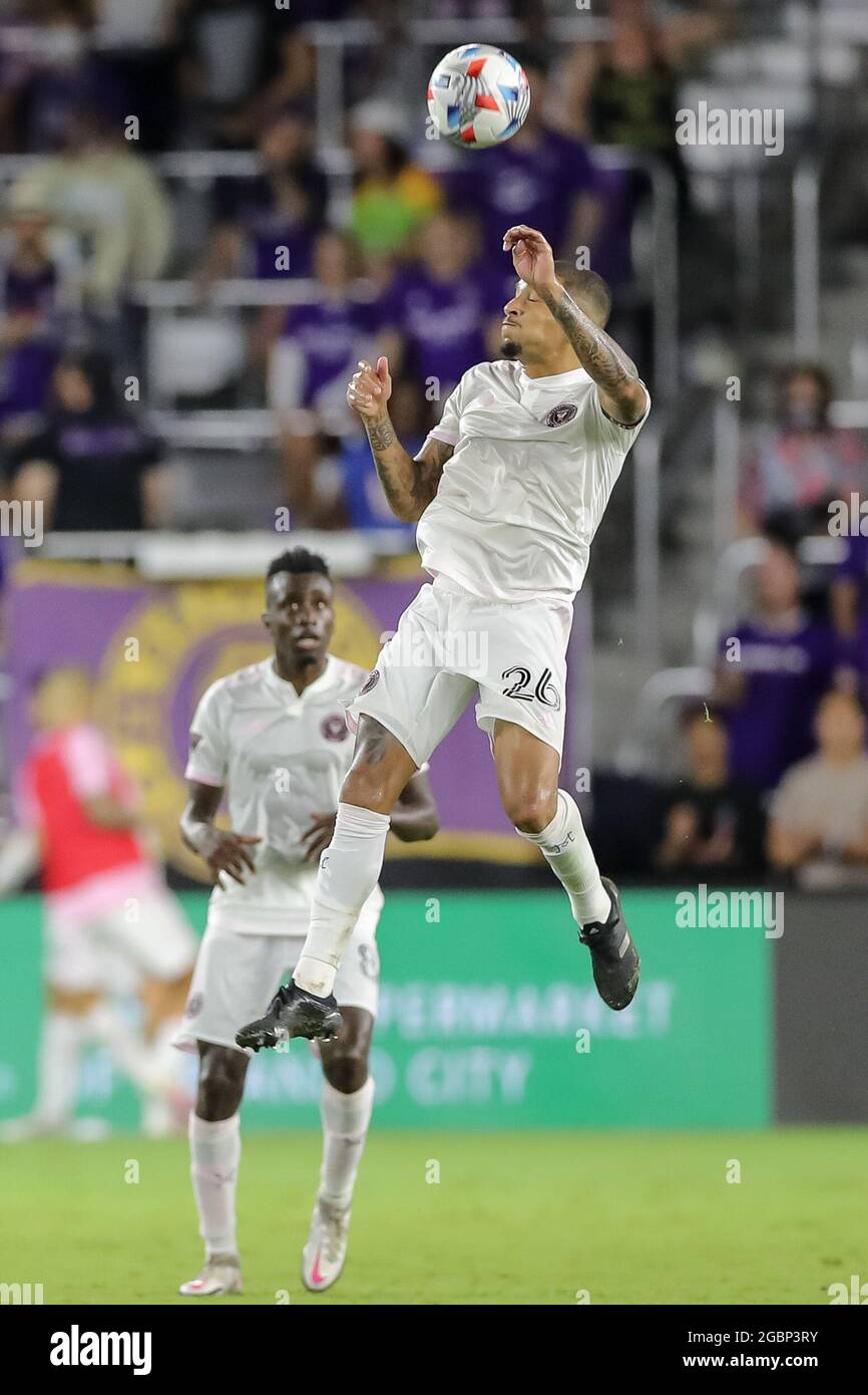 August 4, 2021: Inter Miami midfielder GREGORE (26) gets a header during the MLS Orlando City vs Inter Miami soccer match at Exploria Stadium in Orlando, Fl on August 4, 2021. (Credit Image: © Cory Knowlton/ZUMA Press Wire) Stock Photo
