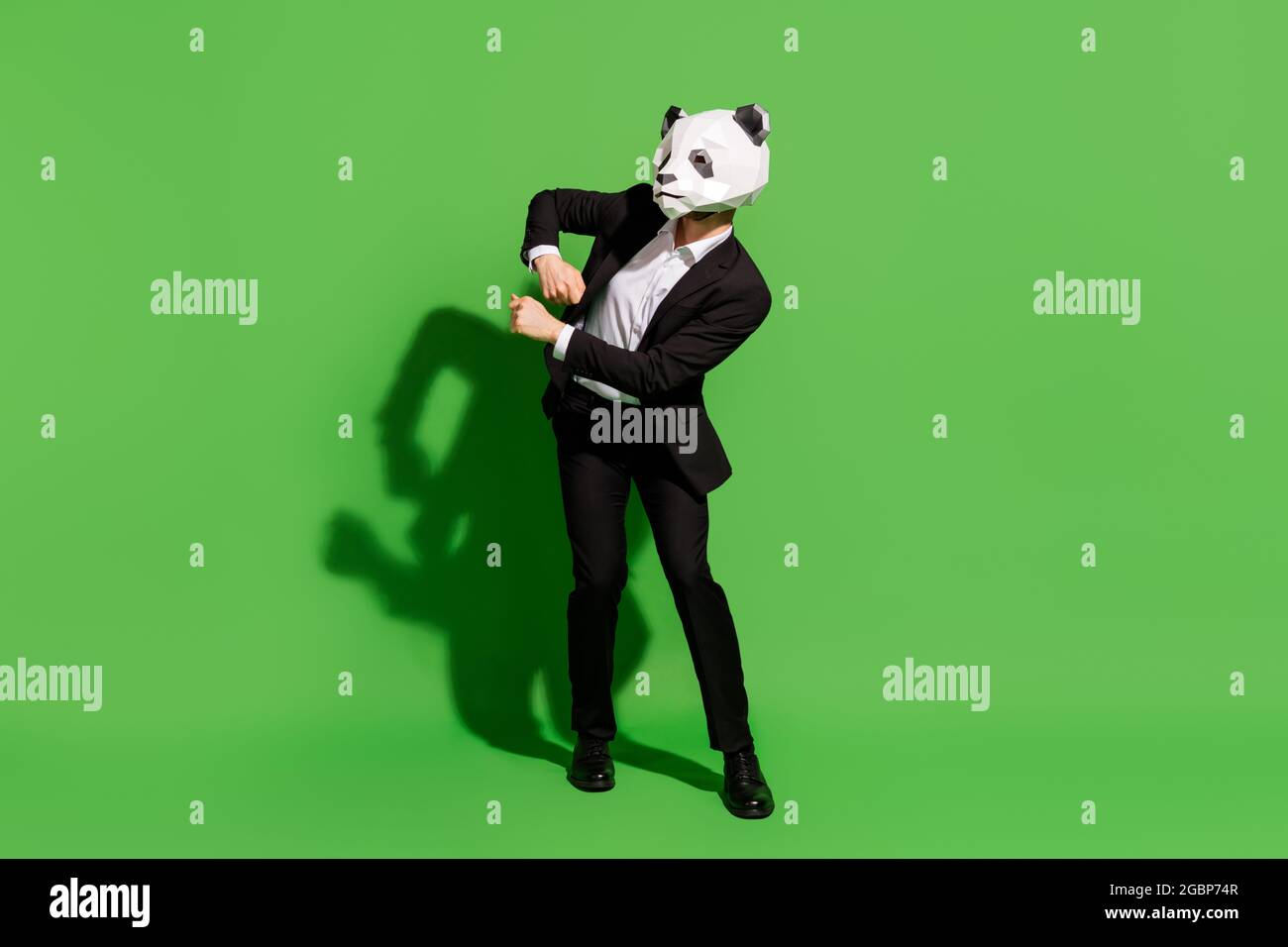 Photo of incognito cheerful man dance modern move wear panda mask black ...