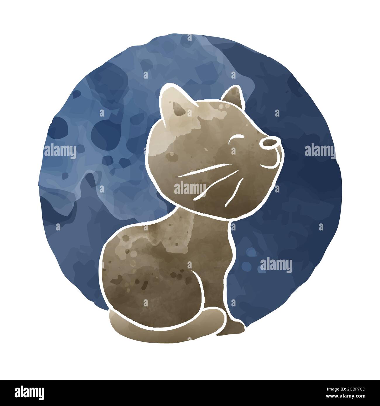 Moon Little Cat Kitten Sitting Smiling Artistic Watercolor Art Style Illustration Stock Vector